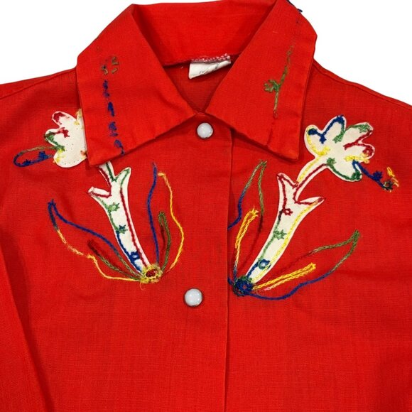 Vintage 1970s Sears Girls Red Western Shirt Skirt Set Floral Embroidery 4T - Picture 6 of 12